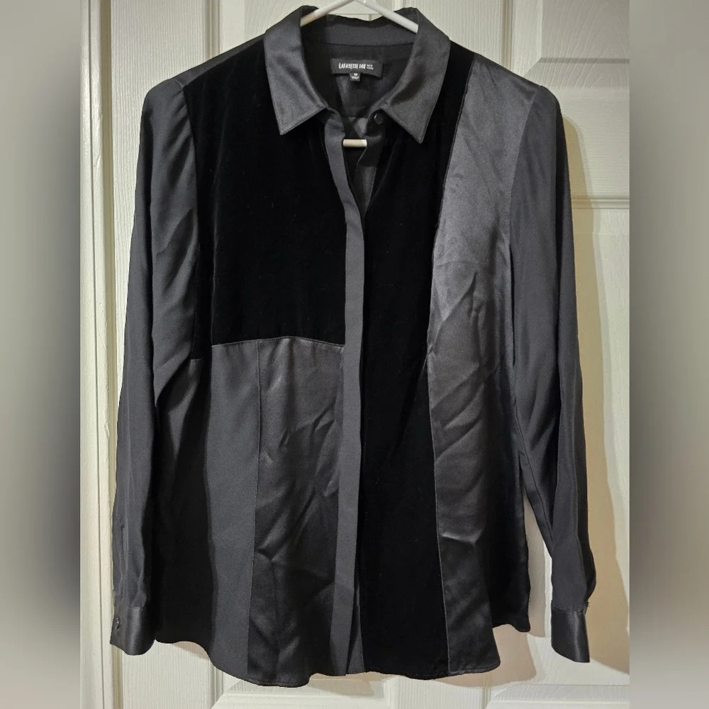 Lafayette 148 Silk Button Down Collared Blouse w/ Velvet Insets, Size 10, EUC!
